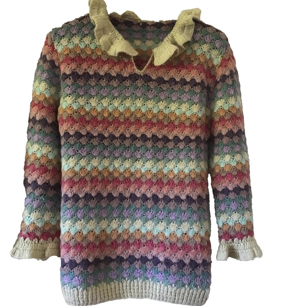 Vintage Sweater Bee Sweater Pastel Multicolor Ruffle collar Bell Sleeve Womens S